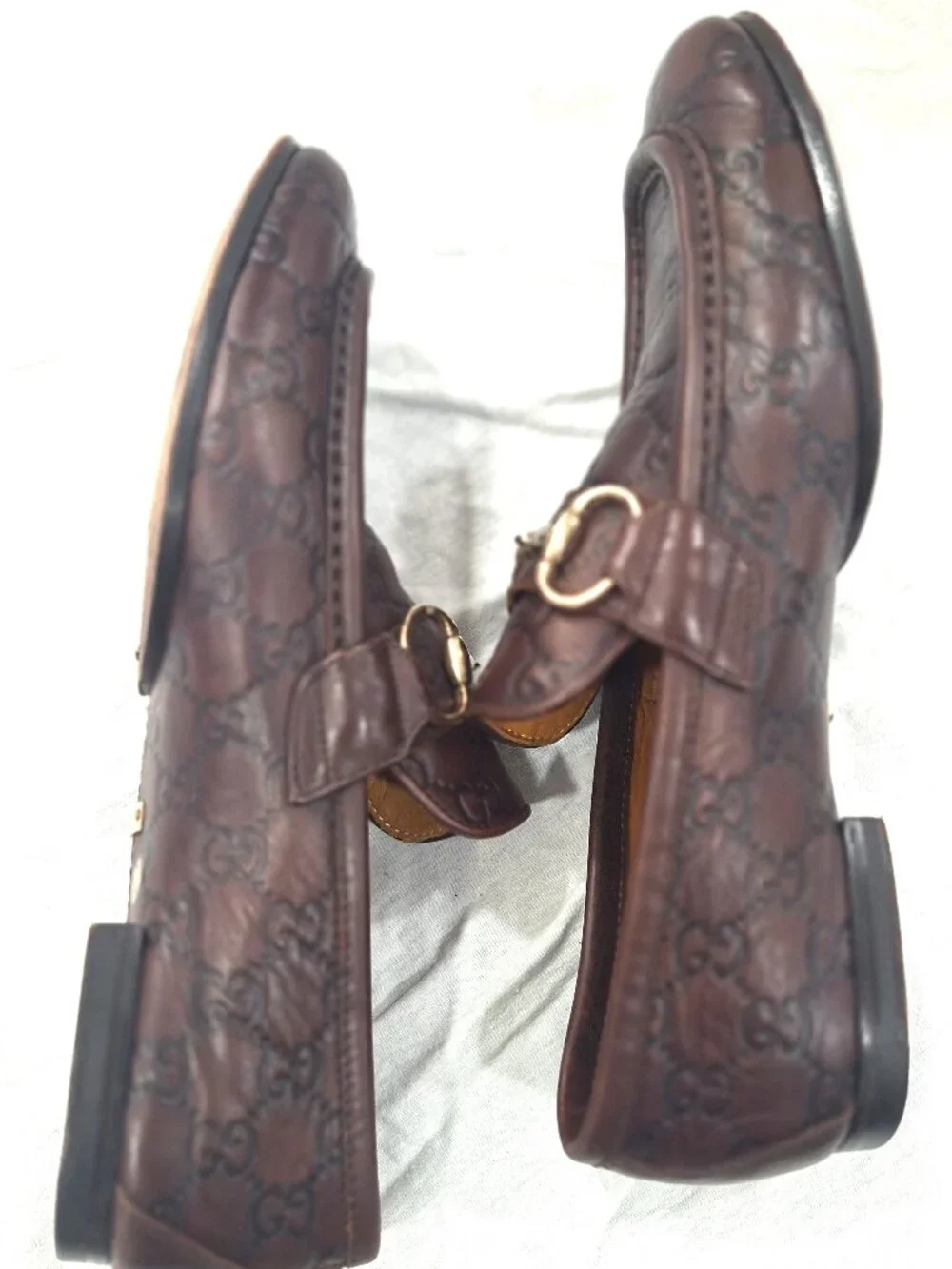 Gucci GG Monogram Leather Horsebit Loafers Brown Gold Hardware EU 40.5